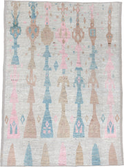 17' x 20' one-of-a-kind handmade vintage Tulu oversize rug. Color palette: ivory, sky blue, blush, camel, taupe, light blue