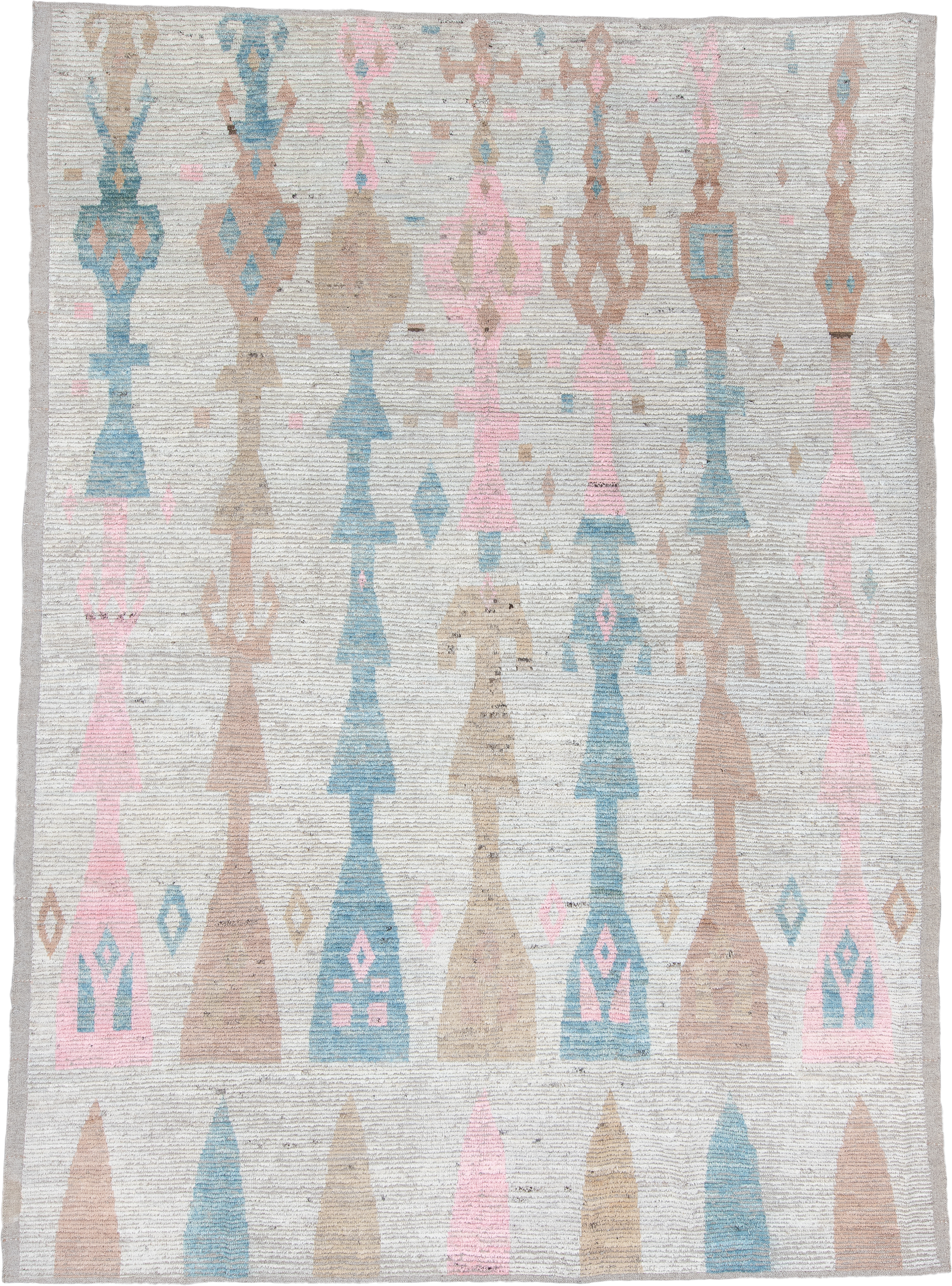 17' x 20' one-of-a-kind handmade vintage Tulu oversize rug. Color palette: ivory, sky blue, blush, camel, taupe, light blue