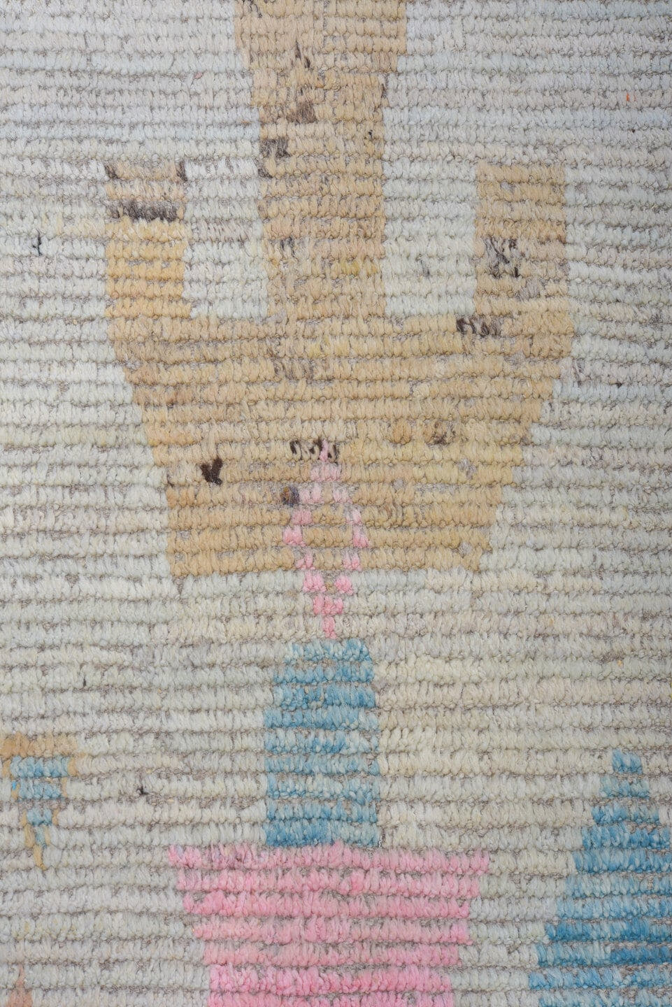 17' x 20' one-of-a-kind handmade vintage Tulu oversize rug. Color palette: ivory, sky blue, blush, camel, taupe, light blue