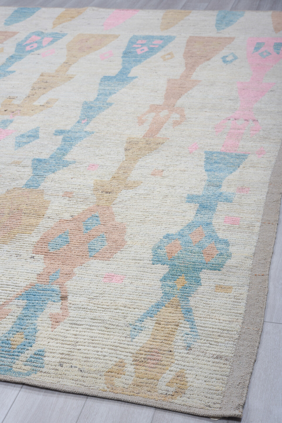 17' x 20' one-of-a-kind handmade vintage Tulu oversize rug. Color palette: ivory, sky blue, blush, camel, taupe, light blue