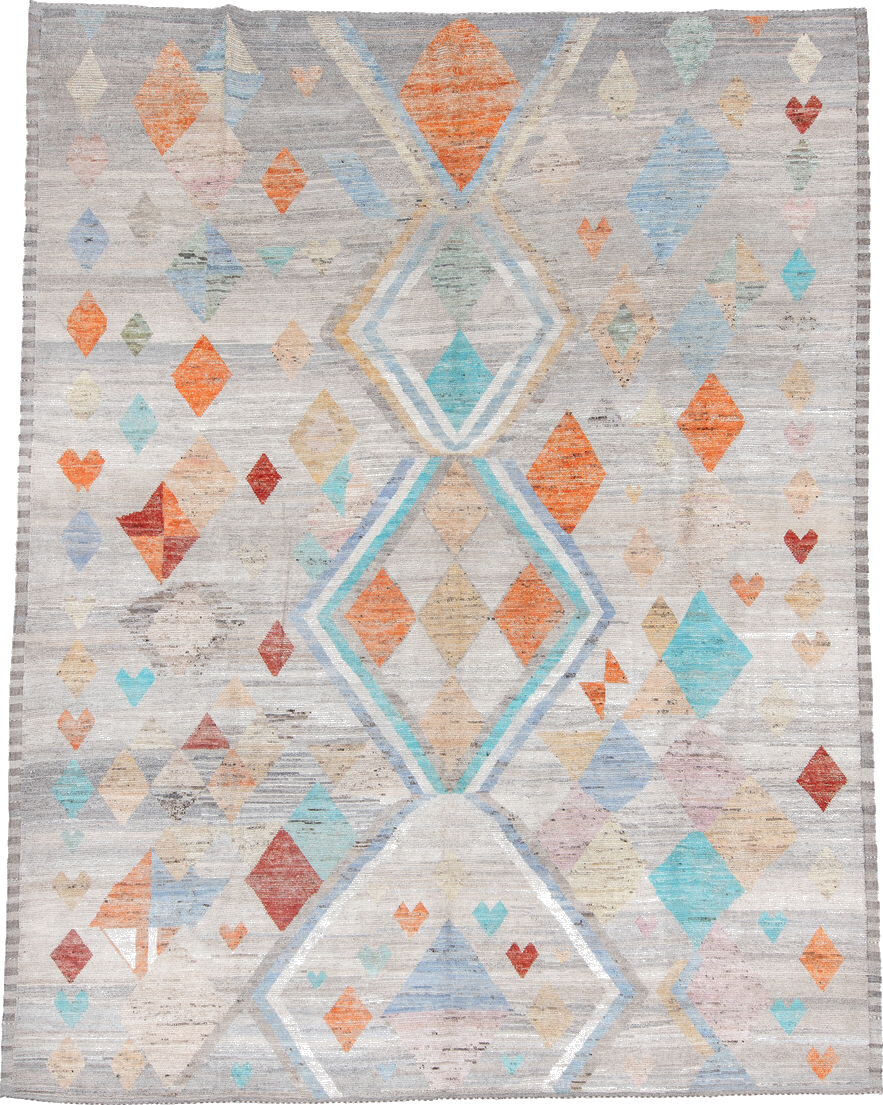 9' x 12' one-of-a-kind handmade vintage Tulu large size rug. Color palette: black, brown, gainsboro, gray, light blue