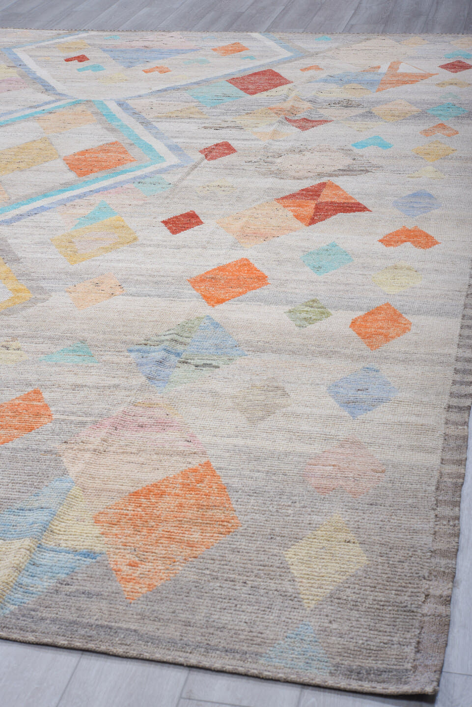 9' x 12' one-of-a-kind handmade vintage Tulu large size rug. Color palette: gray, ivory, sky blue, turquoise, coral, sand