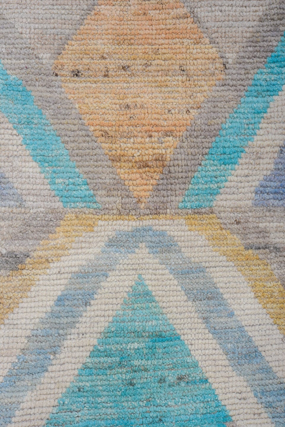 9' x 12' one-of-a-kind handmade vintage Tulu large size rug. Color palette: gray, ivory, sky blue, turquoise, coral, sand