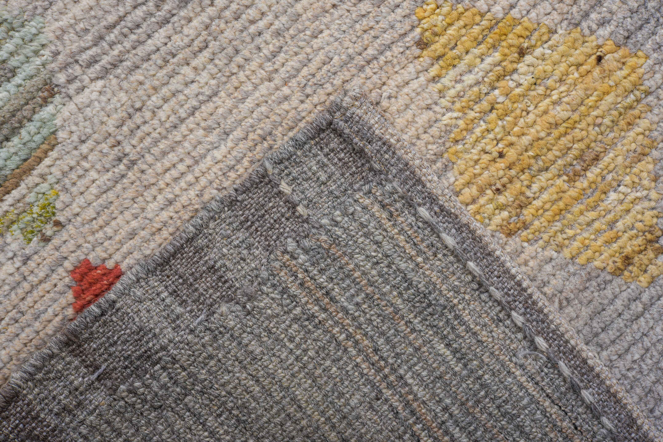 9' x 12' one-of-a-kind handmade vintage Tulu large size rug. Color palette: gray, ivory, sky blue, turquoise, coral, sand