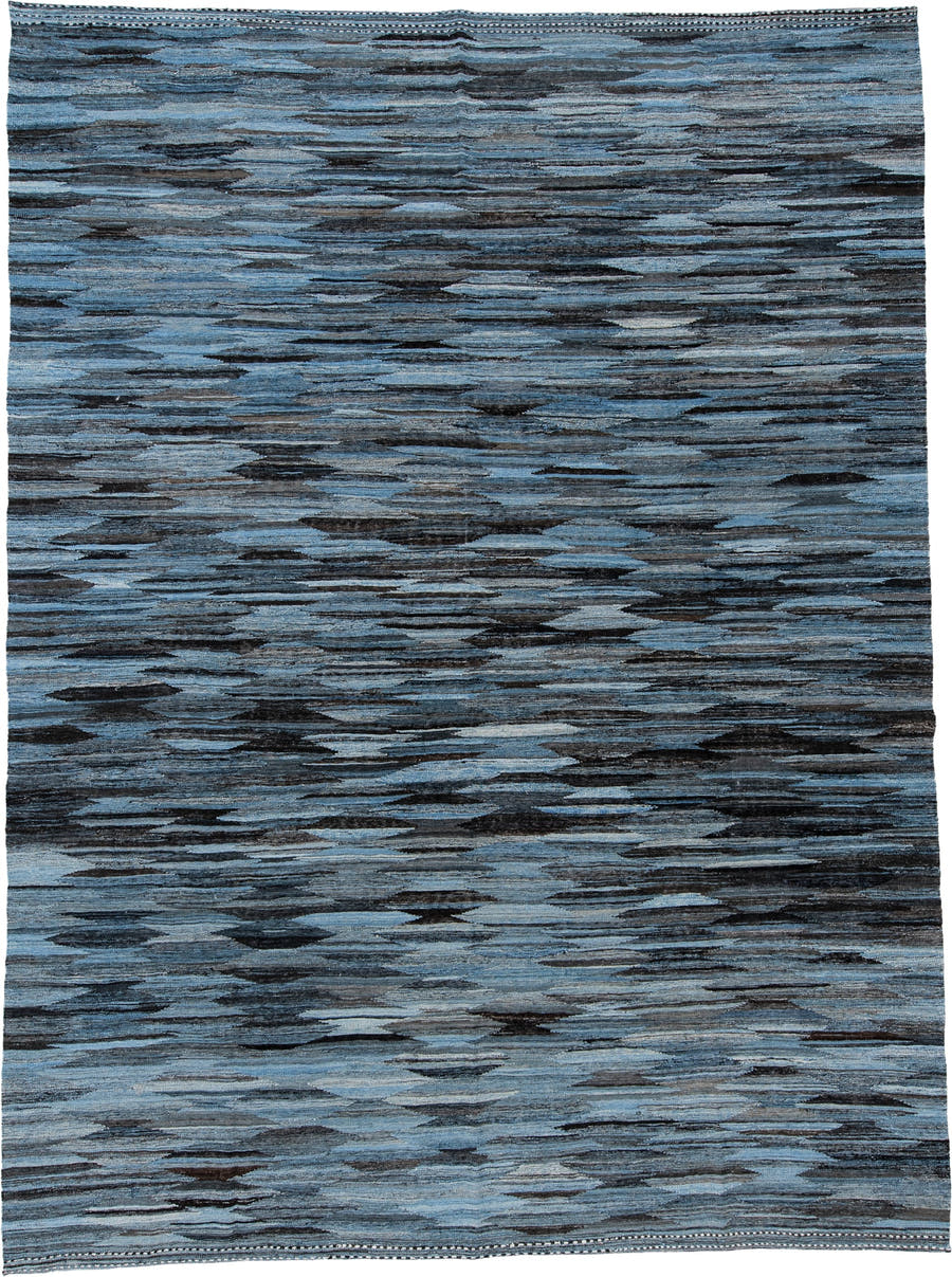 10' x 14' one-of-a-kind handmade vintage Kilim large size rug. Color palette: blue, charcoal, slate, ivory, gray, black