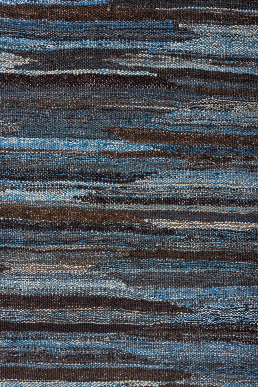 10' x 14' one-of-a-kind handmade vintage Kilim large size rug. Color palette: blue, charcoal, slate, ivory, gray, black