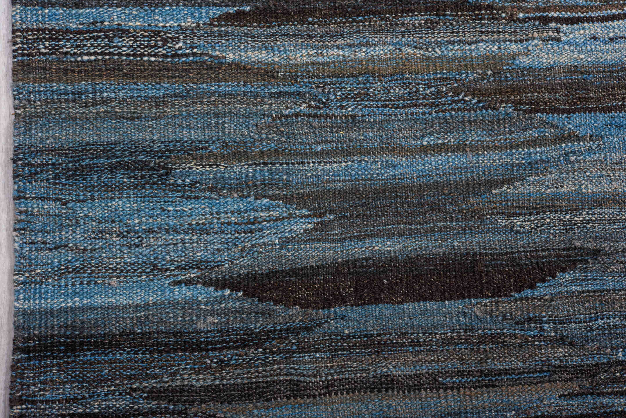 10' x 14' one-of-a-kind handmade vintage Kilim large size rug. Color palette: blue, charcoal, slate, ivory, gray, black