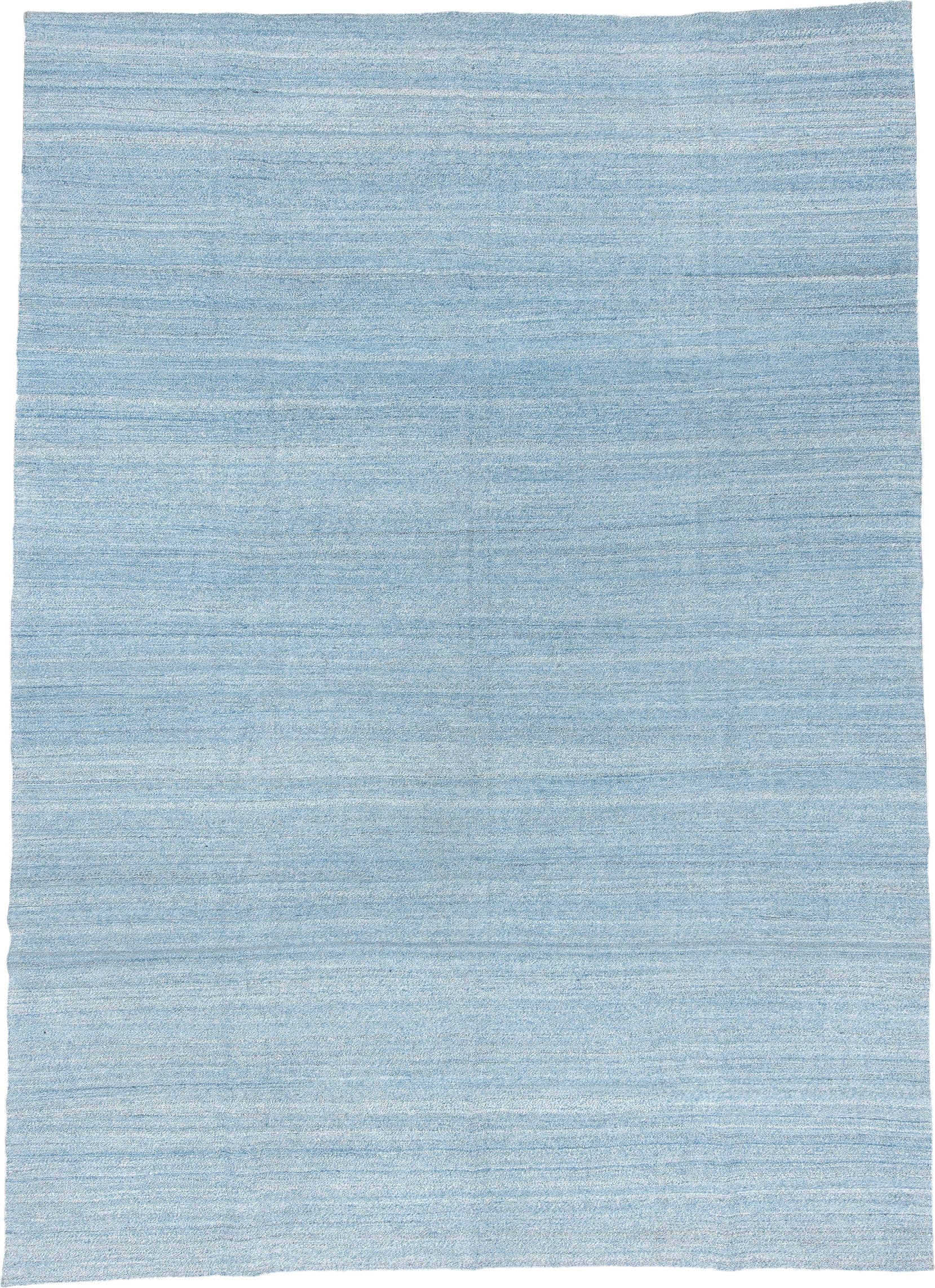 10' x 14' one-of-a-kind handmade vintage Kilim large size rug. Color palette: sky blue, powder blue, ice blue, ivory