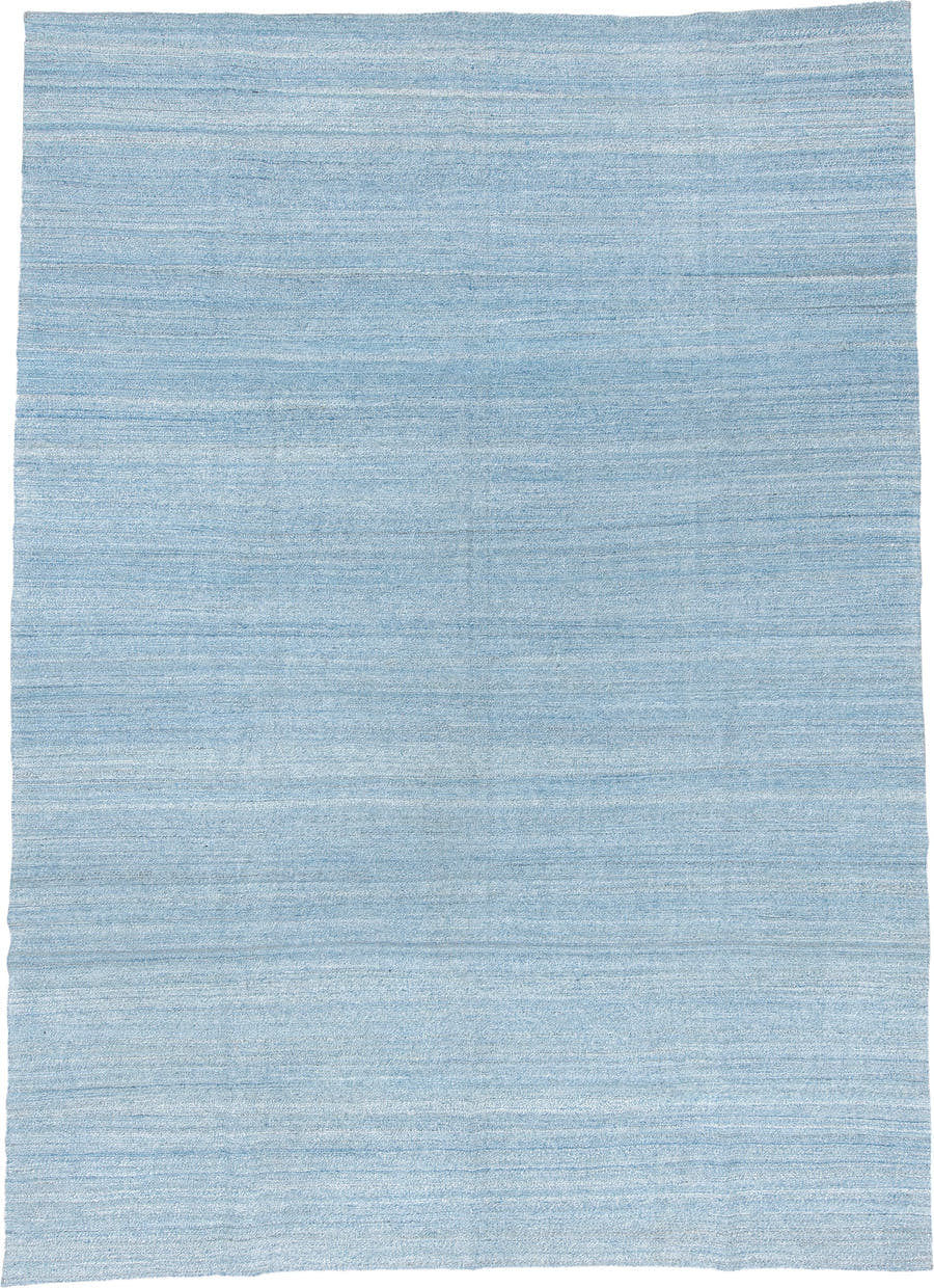 10' x 14' one-of-a-kind handmade vintage Kilim large size rug. Color palette: sky blue, powder blue, ice blue, ivory