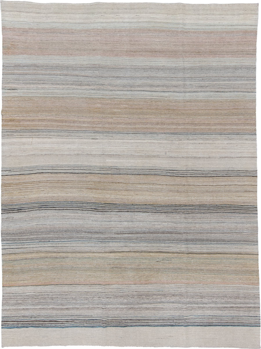 10' x 14' one-of-a-kind handmade vintage Kilim large size rug. Color palette: ivory, taupe, sand, charcoal, blush, gray
