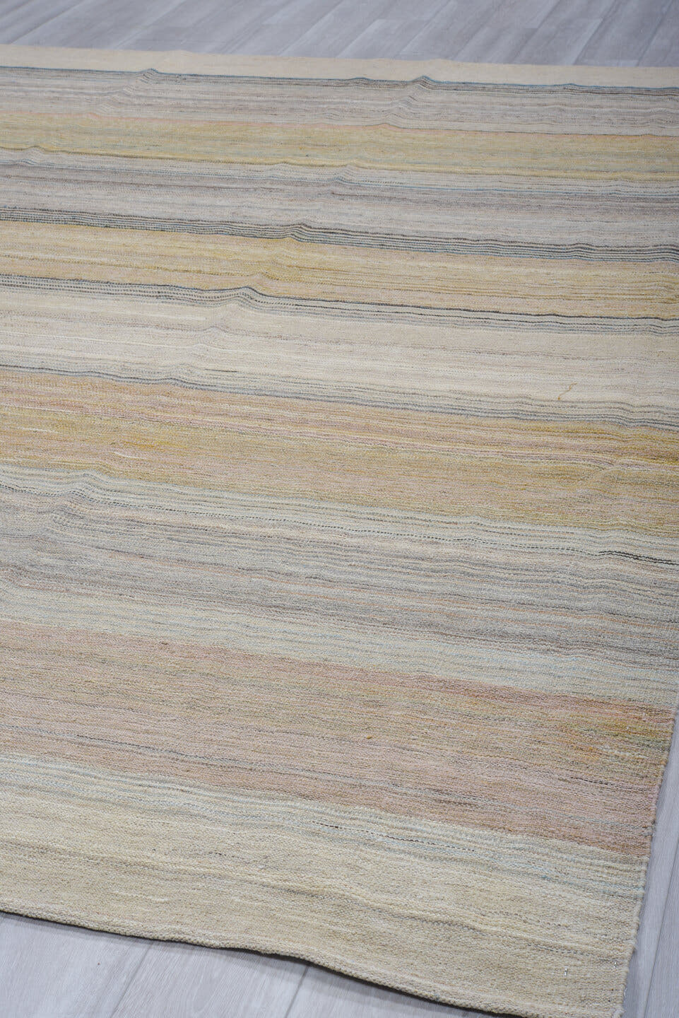 10' x 14' one-of-a-kind handmade vintage Kilim large size rug. Color palette: ivory, taupe, sand, charcoal, blush, gray