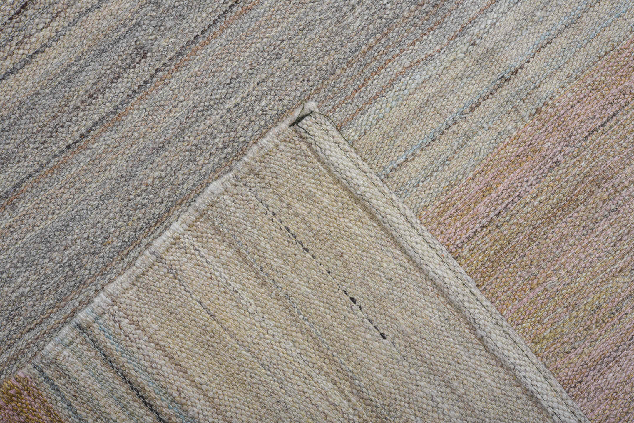 10' x 14' one-of-a-kind handmade vintage Kilim large size rug. Color palette: black, charcoal, dim gray, gray, light blue