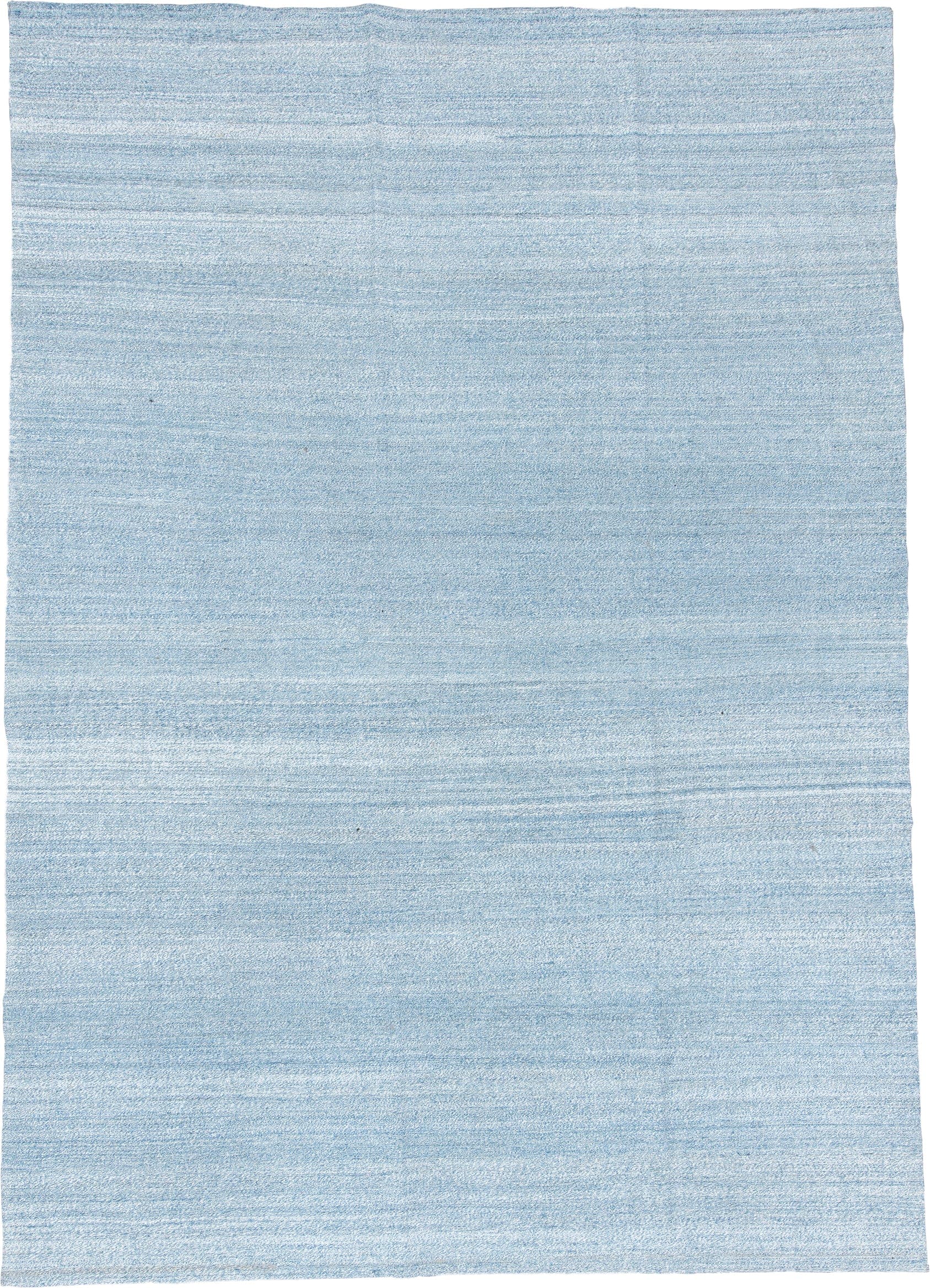 8' x 12' one-of-a-kind handmade vintage Kilim large size rug. Color palette: sky blue, powder blue, ivory, light blue