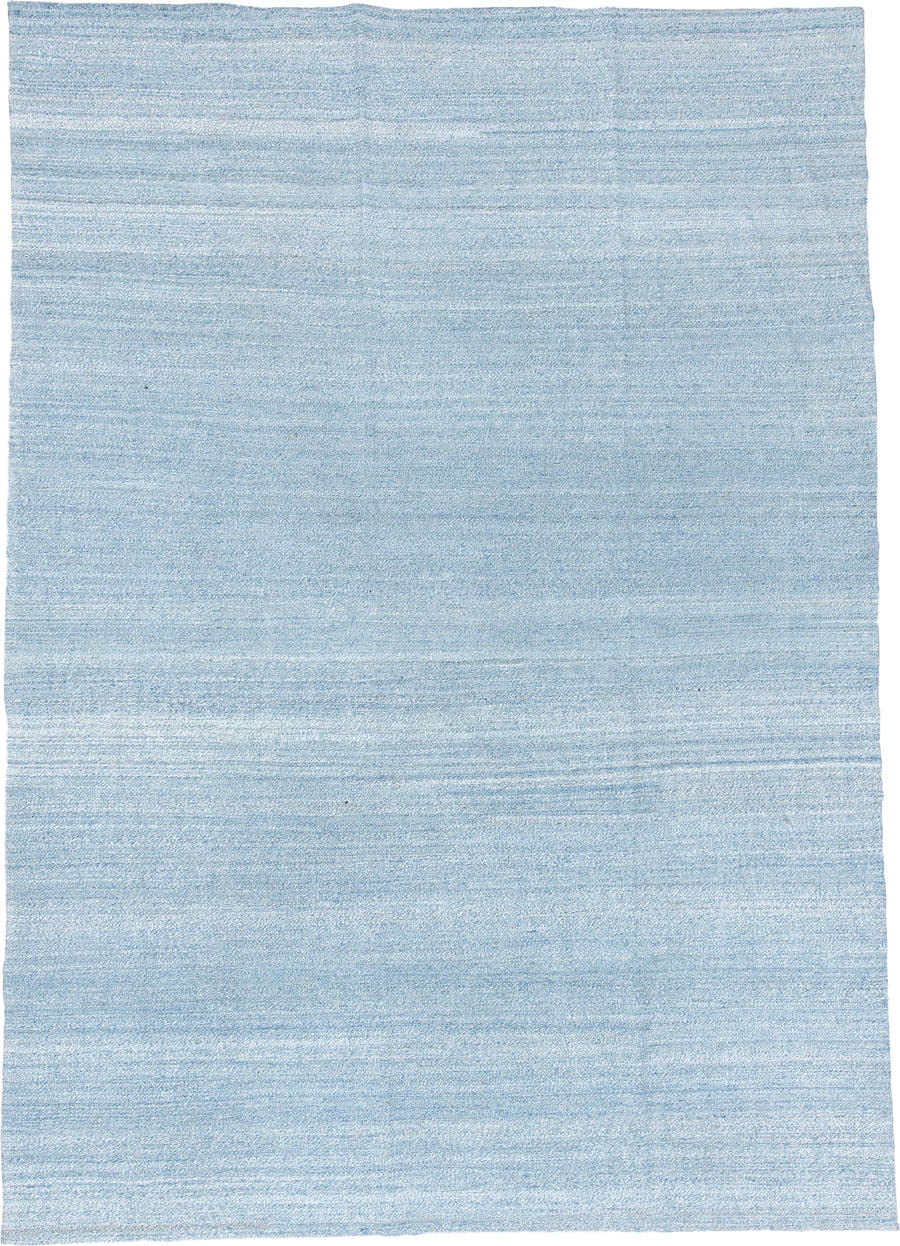 8' x 12' one-of-a-kind handmade vintage Kilim large size rug. Color palette: sky blue, powder blue, ivory, light blue