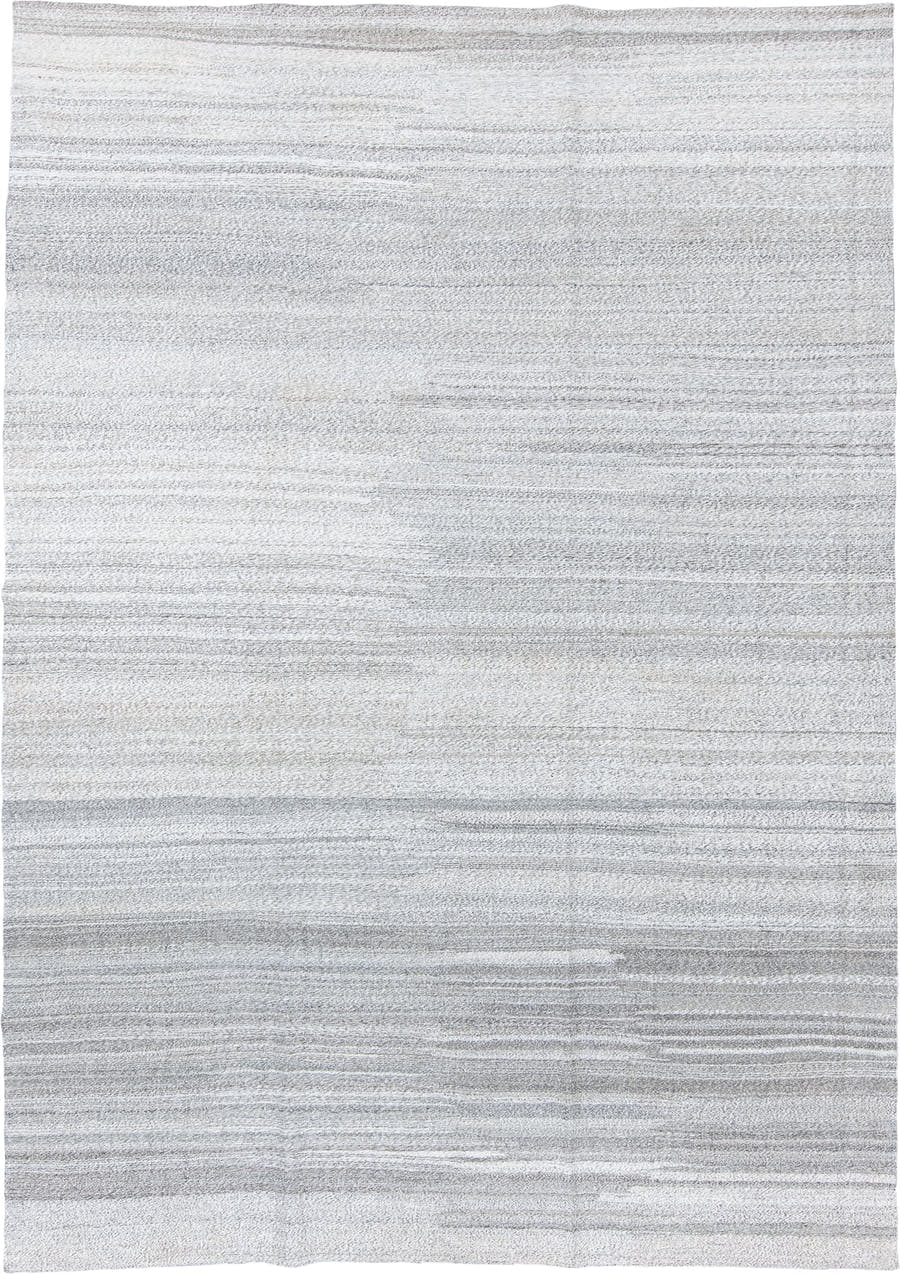 10' x 14' one-of-a-kind handmade vintage Kilim large size rug. Color palette: ivory, light gray, silver, taupe, gray, beige