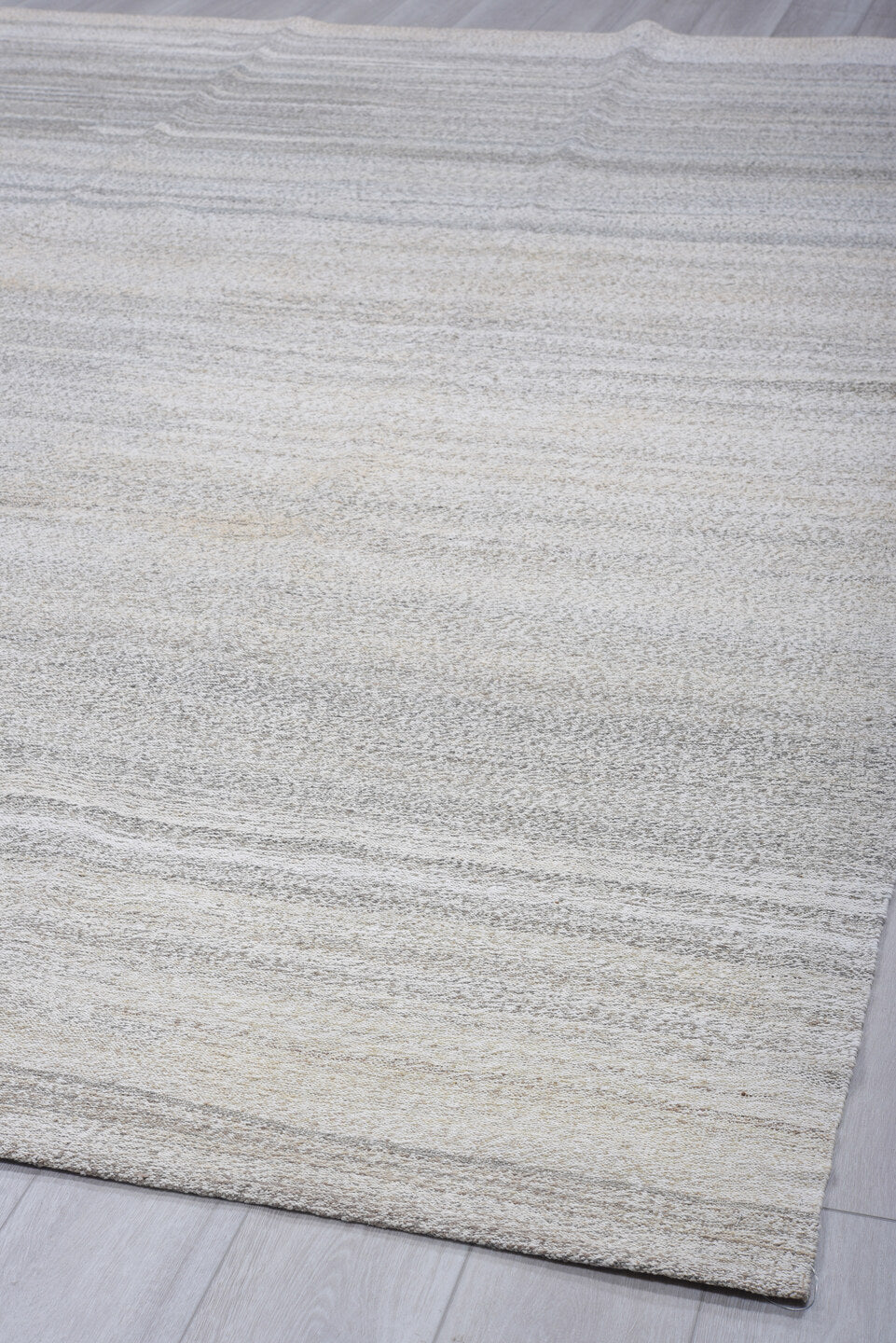10' x 14' one-of-a-kind handmade vintage Kilim large size rug. Color palette: ivory, light gray, silver, taupe, gray, beige