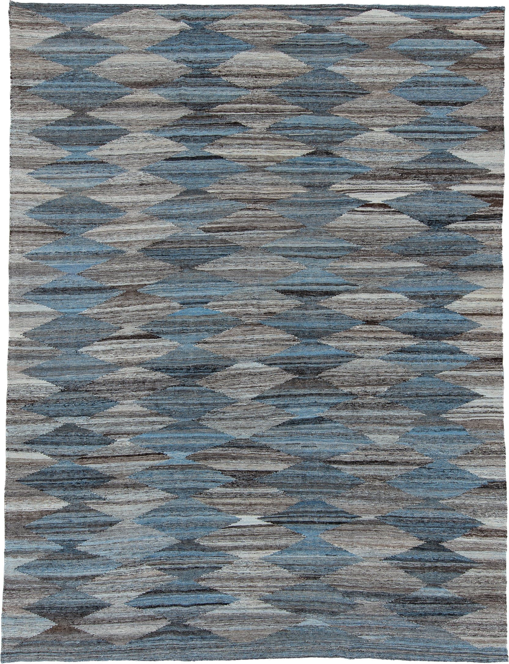 8' x 12' one-of-a-kind handmade vintage Kilim large size rug. Color palette: blue, taupe, ivory, charcoal, gray, beige