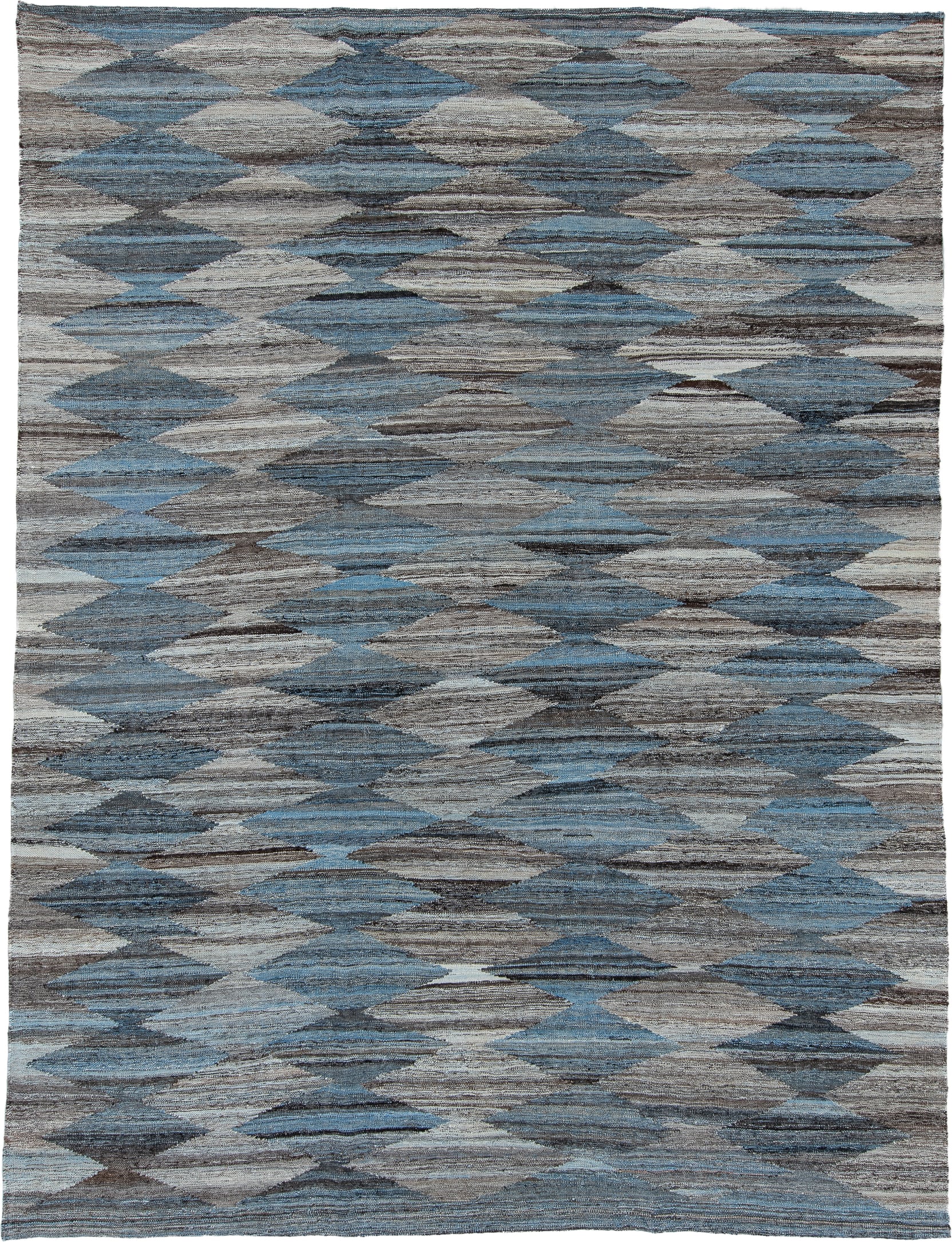 8' x 12' one-of-a-kind handmade vintage Kilim large size rug. Color palette: blue, taupe, ivory, charcoal, gray, beige