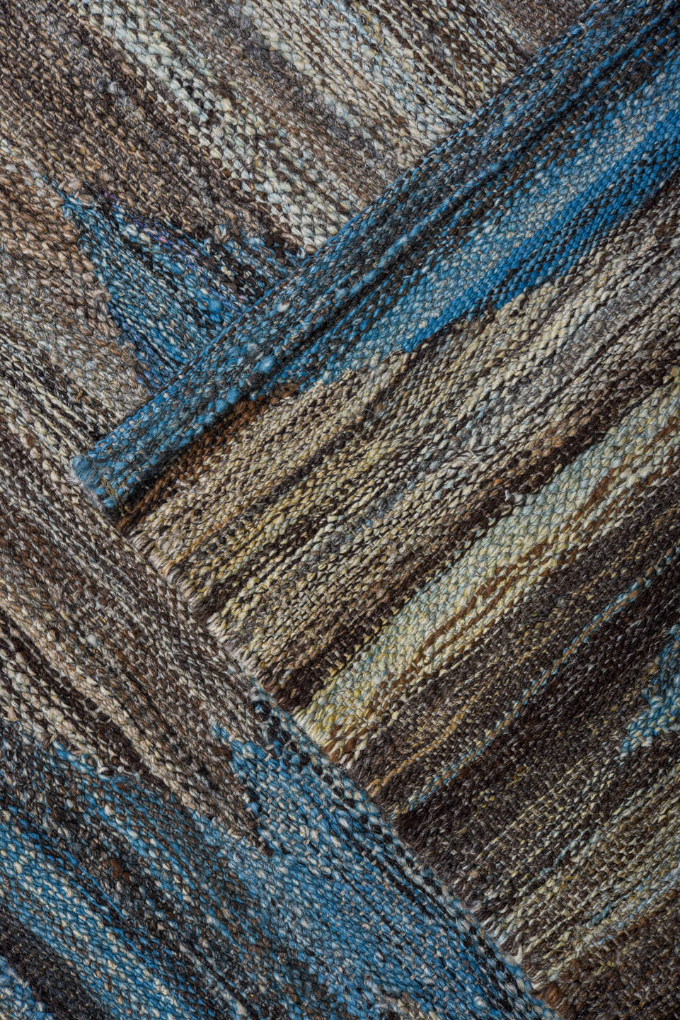8' x 12' one-of-a-kind handmade vintage Kilim large size rug. Color palette: blue, taupe, ivory, charcoal, gray, beige