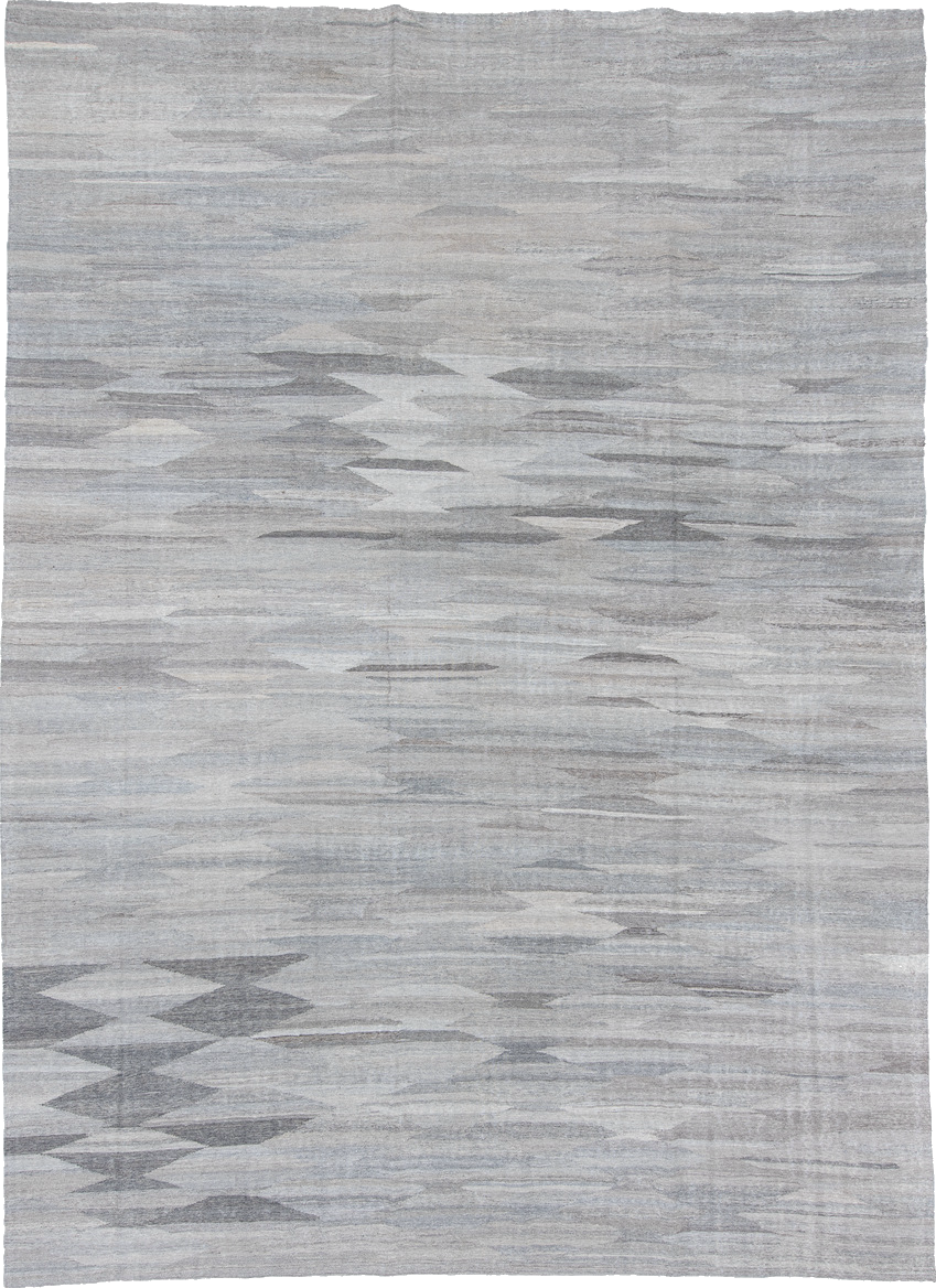 9' x 12' one-of-a-kind handmade vintage Kilim large size rug. Color palette: blue, dark gray, dim gray, gray, light blue