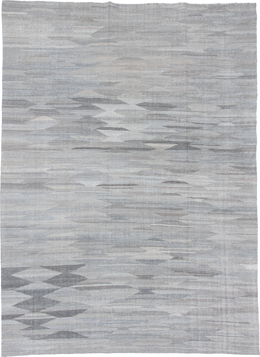 9' x 12' one-of-a-kind handmade vintage Kilim large size rug. Color palette: light gray, ivory, slate, silver, taupe, gray