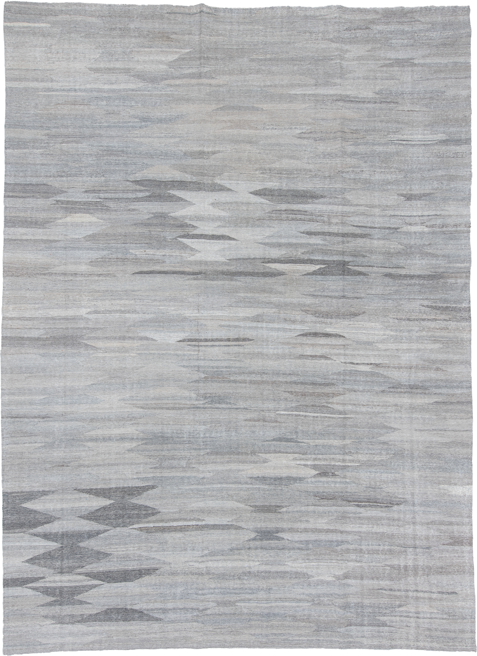 9' x 12' one-of-a-kind handmade vintage Kilim large size rug. Color palette: light gray, ivory, slate, silver, taupe, gray
