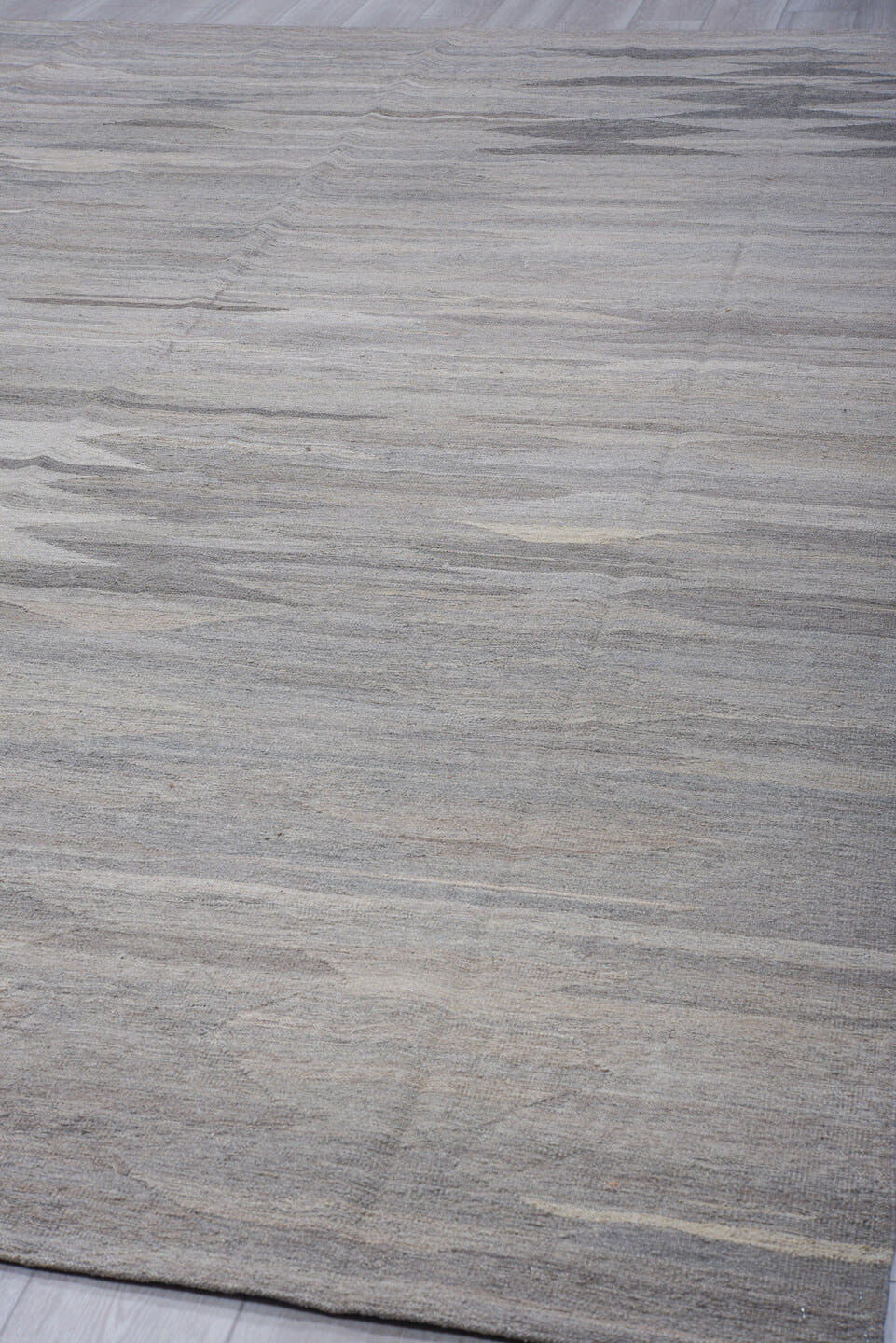 9' x 12' one-of-a-kind handmade vintage Kilim large size rug. Color palette: light gray, ivory, slate, silver, taupe, gray