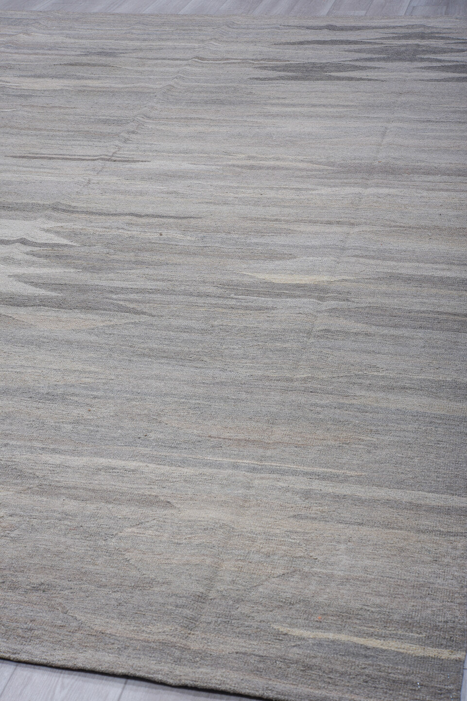9' x 12' one-of-a-kind handmade vintage Kilim large size rug. Color palette: light gray, ivory, slate, silver, taupe, gray