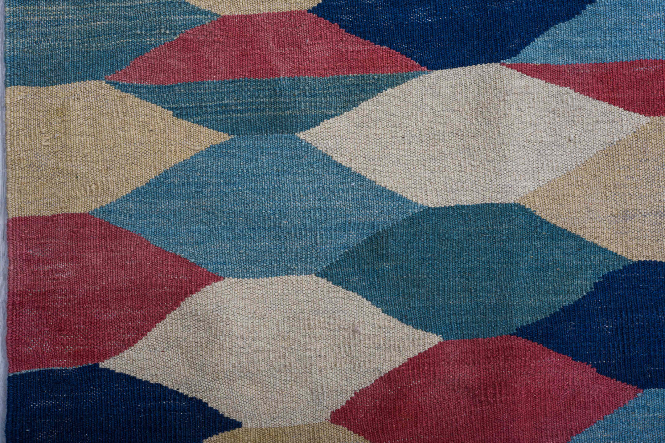 10' x 14' one-of-a-kind handmade vintage Kilim large size rug. Color palette: ivory, sky blue, teal, coral, navy, cream