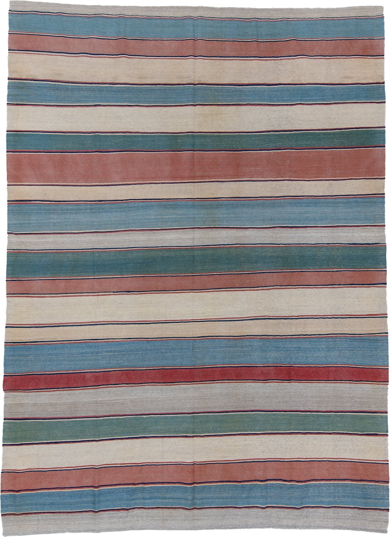 8' x 11' one-of-a-kind handmade vintage Kilim large size rug. Color palette: ivory, sky blue, rose, teal, navy, gray