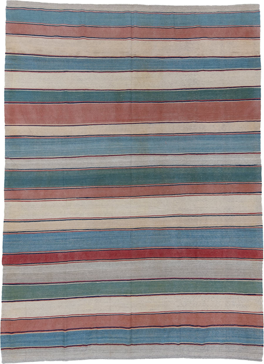 8' x 11' one-of-a-kind handmade vintage Kilim large size rug. Color palette: ivory, sky blue, rose, teal, navy, gray
