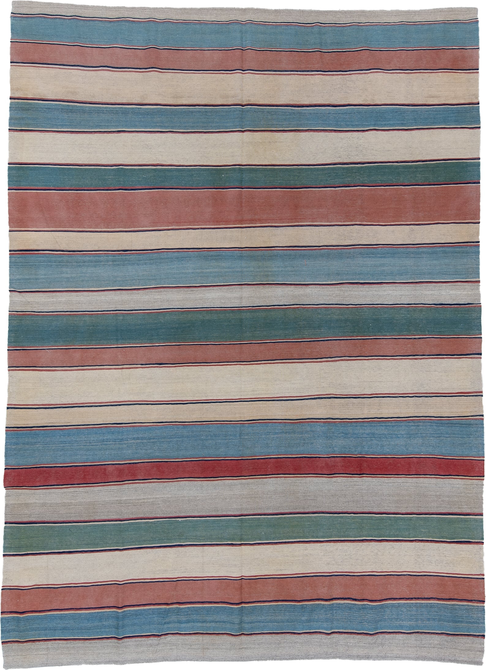 8' x 11' one-of-a-kind handmade vintage Kilim large size rug. Color palette: ivory, sky blue, rose, teal, navy, gray