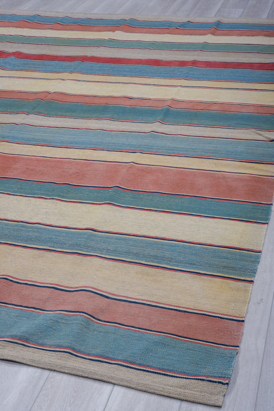 8' x 11' one-of-a-kind handmade vintage Kilim large size rug. Color palette: ivory, sky blue, rose, teal, navy, gray