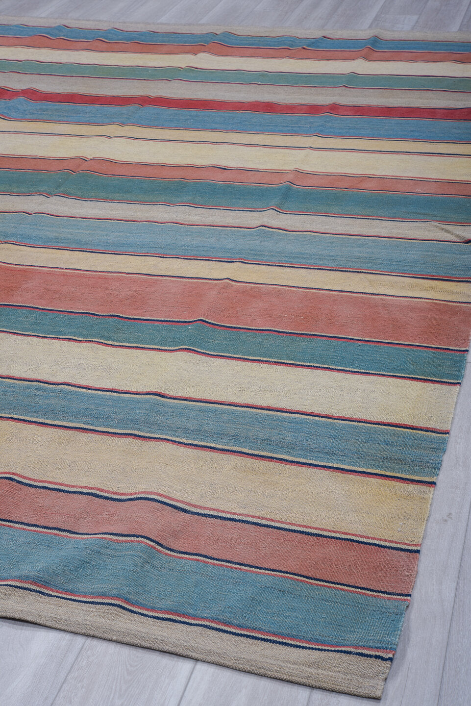 8' x 11' one-of-a-kind handmade vintage Kilim large size rug. Color palette: ivory, sky blue, rose, teal, navy, gray