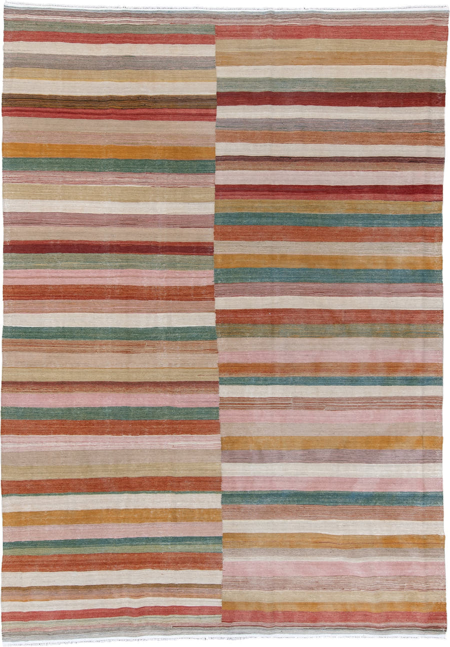 8' x 11' one-of-a-kind handmade vintage Kilim large size rug. Color palette: ivory, blush, terra cotta, gold, sage, taupe