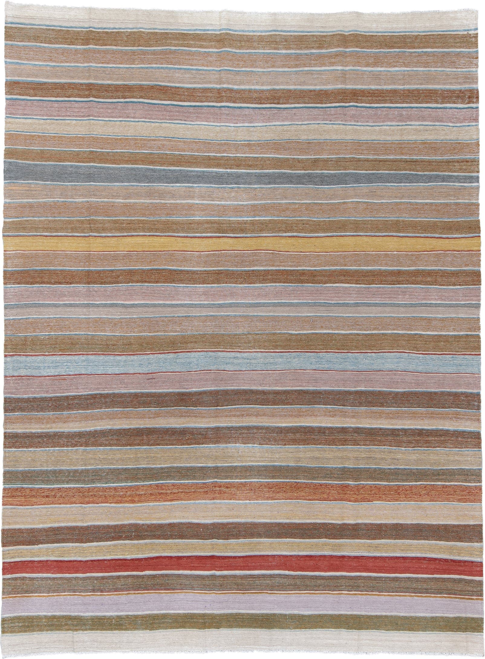 8' x 12' one-of-a-kind handmade vintage Kilim large size rug. Color palette: camel, ivory, pale_blue, blush, gold, muted_red