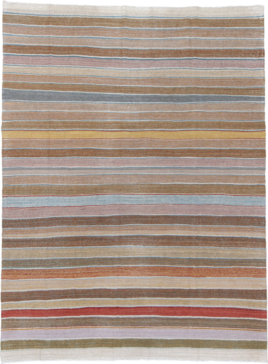 8' x 12' one-of-a-kind handmade vintage Kilim large size rug. Color palette: camel, ivory, pale_blue, blush, gold, muted_red