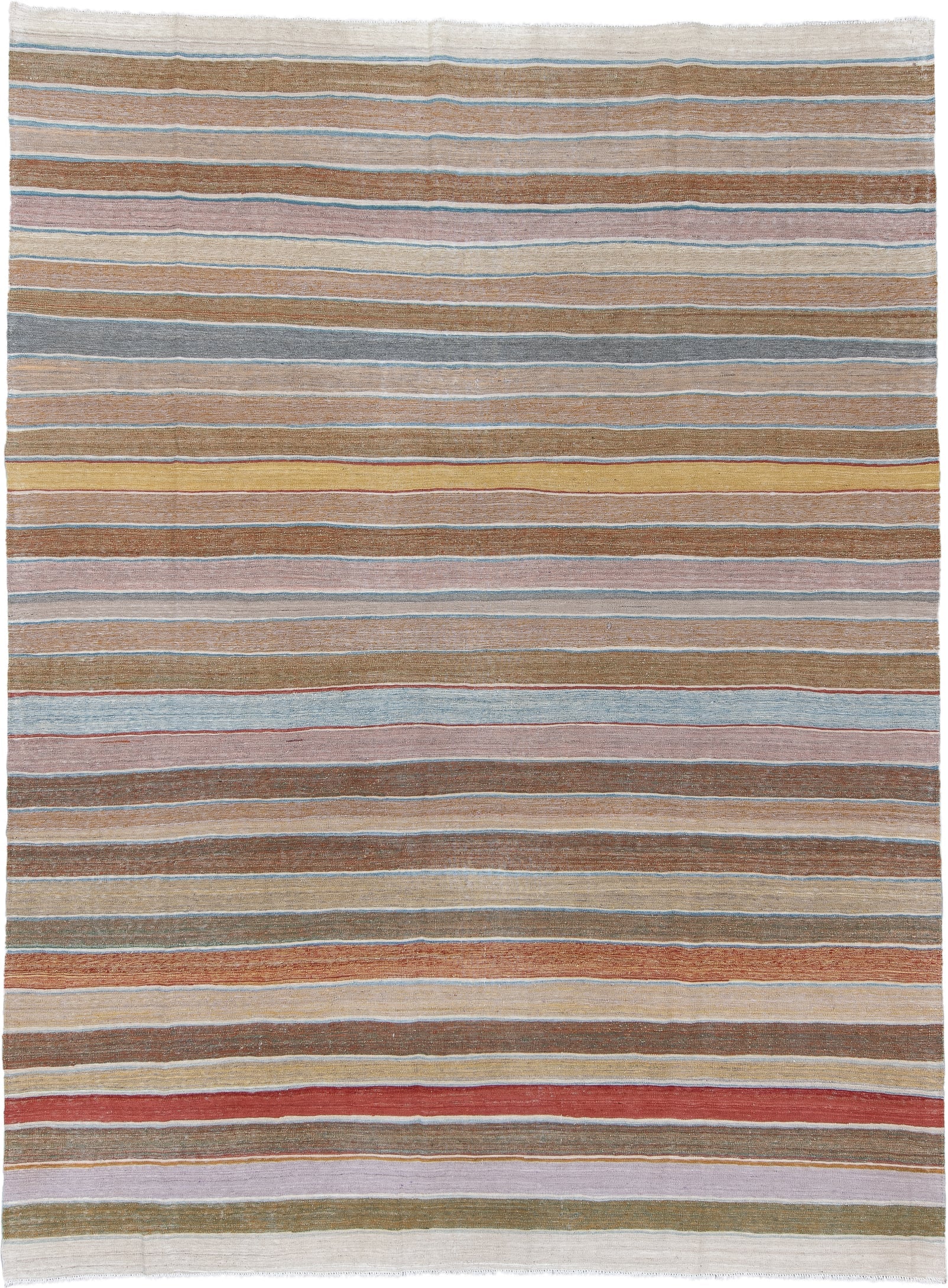 8' x 12' one-of-a-kind handmade vintage Kilim large size rug. Color palette: camel, ivory, pale_blue, blush, gold, muted_red