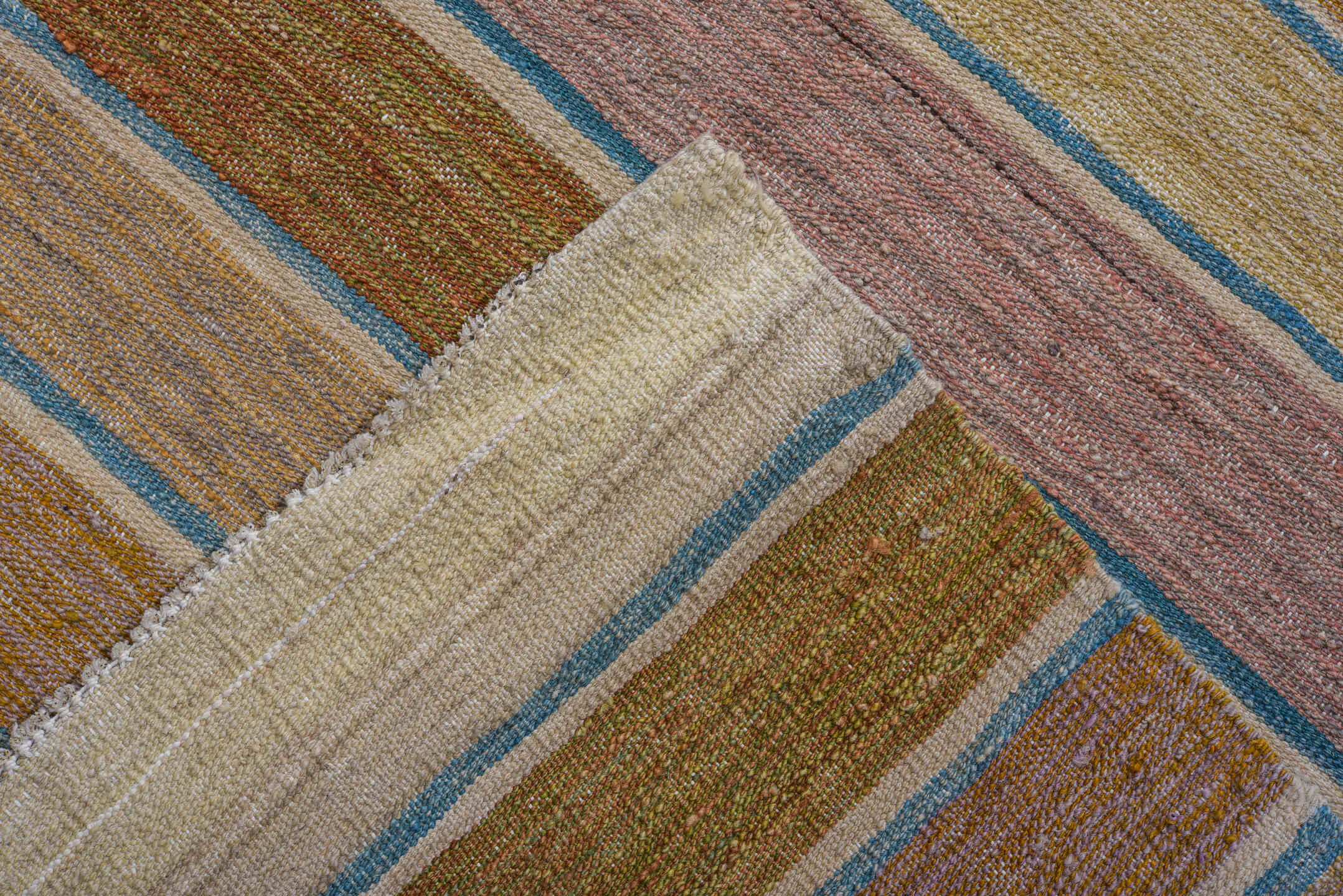 8' x 12' one-of-a-kind handmade vintage Kilim large size rug. Color palette: camel, ivory, pale_blue, blush, gold, muted_red