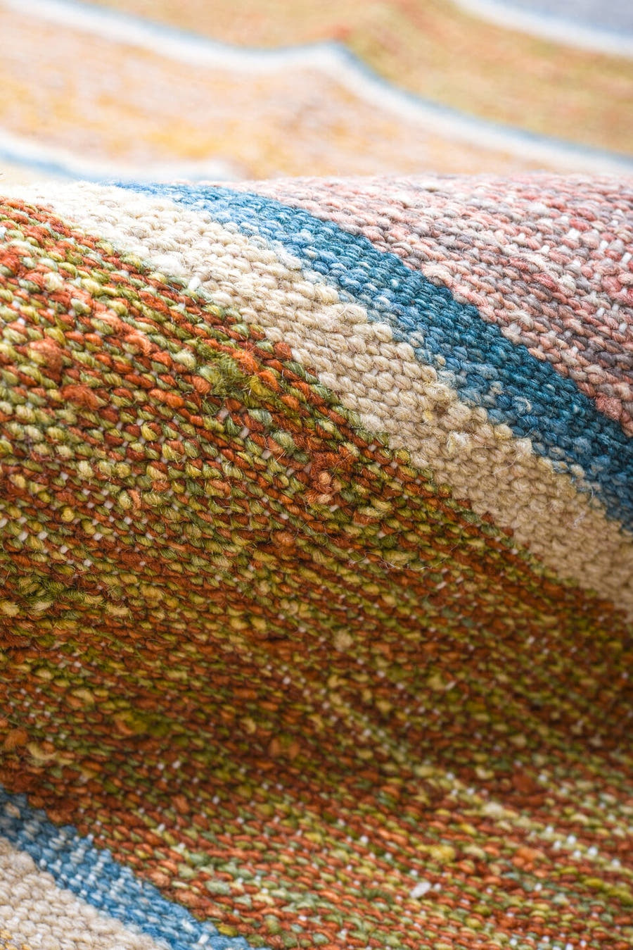 8' x 12' one-of-a-kind handmade vintage Kilim large size rug. Color palette: camel, ivory, pale_blue, blush, gold, muted_red