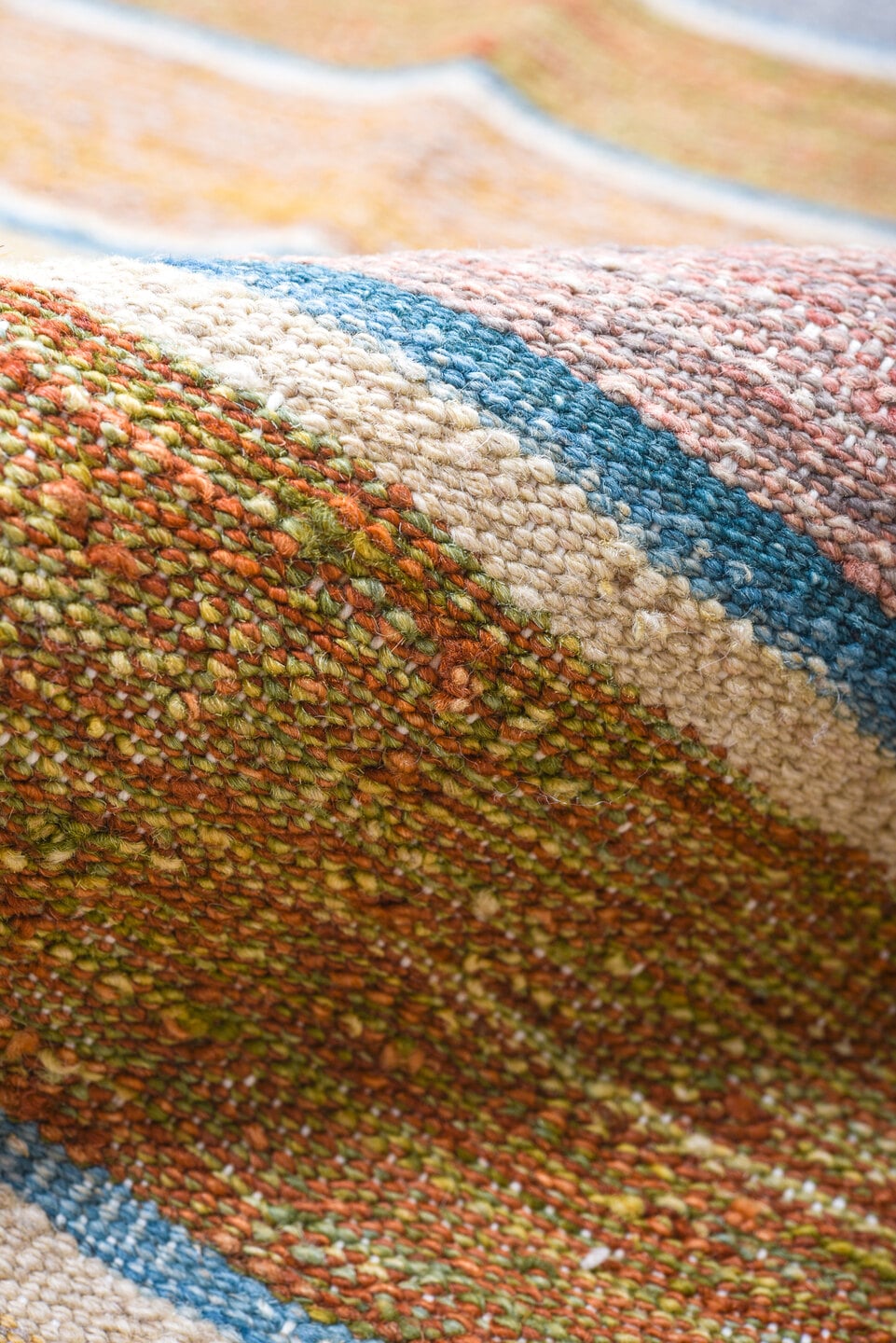 8' x 12' one-of-a-kind handmade vintage Kilim large size rug. Color palette: camel, ivory, pale_blue, blush, gold, muted_red