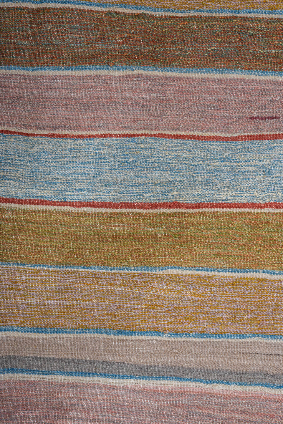8' x 12' one-of-a-kind handmade vintage Kilim large size rug. Color palette: camel, ivory, pale_blue, blush, gold, muted_red