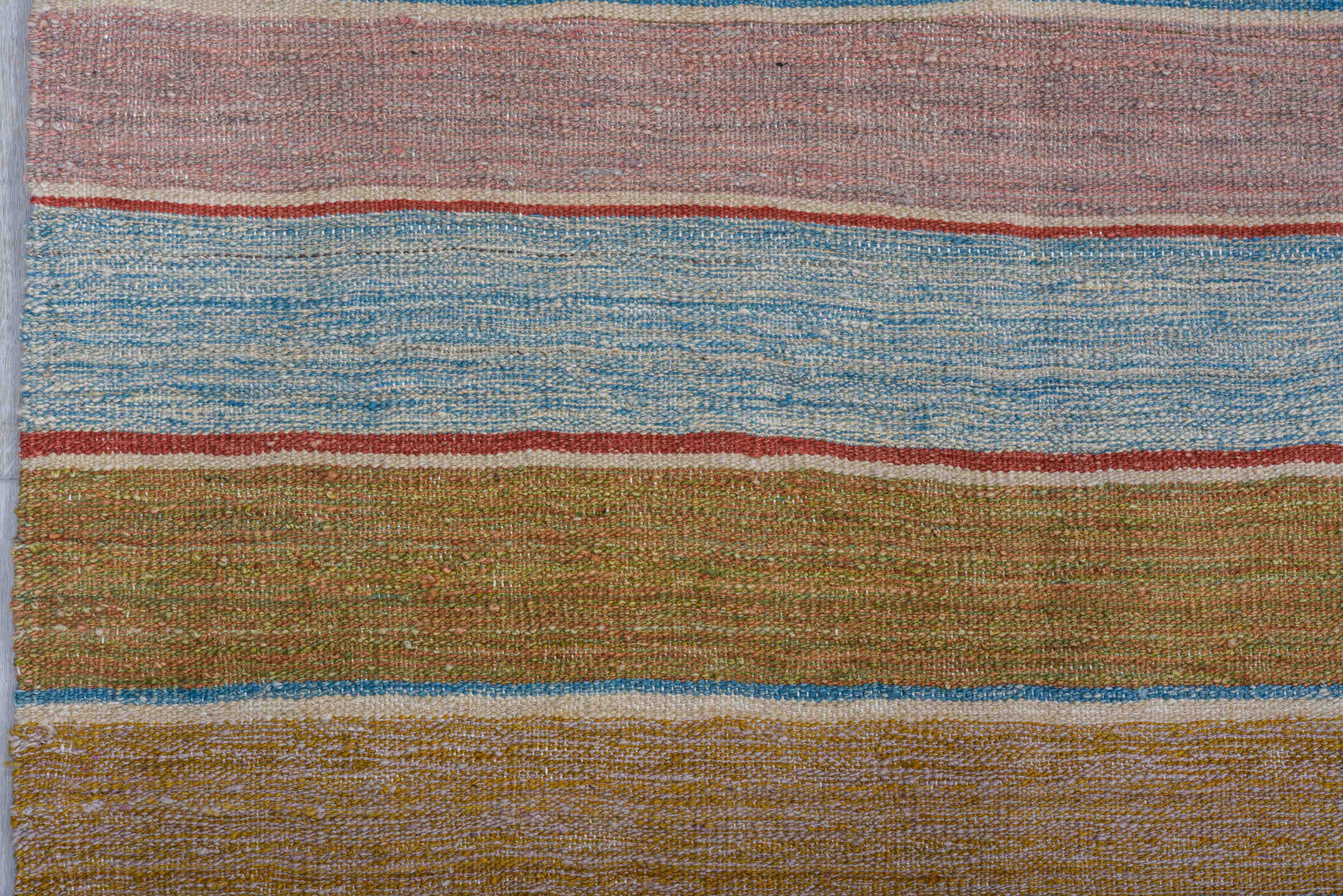 8' x 12' one-of-a-kind handmade vintage Kilim large size rug. Color palette: camel, ivory, pale_blue, blush, gold, muted_red