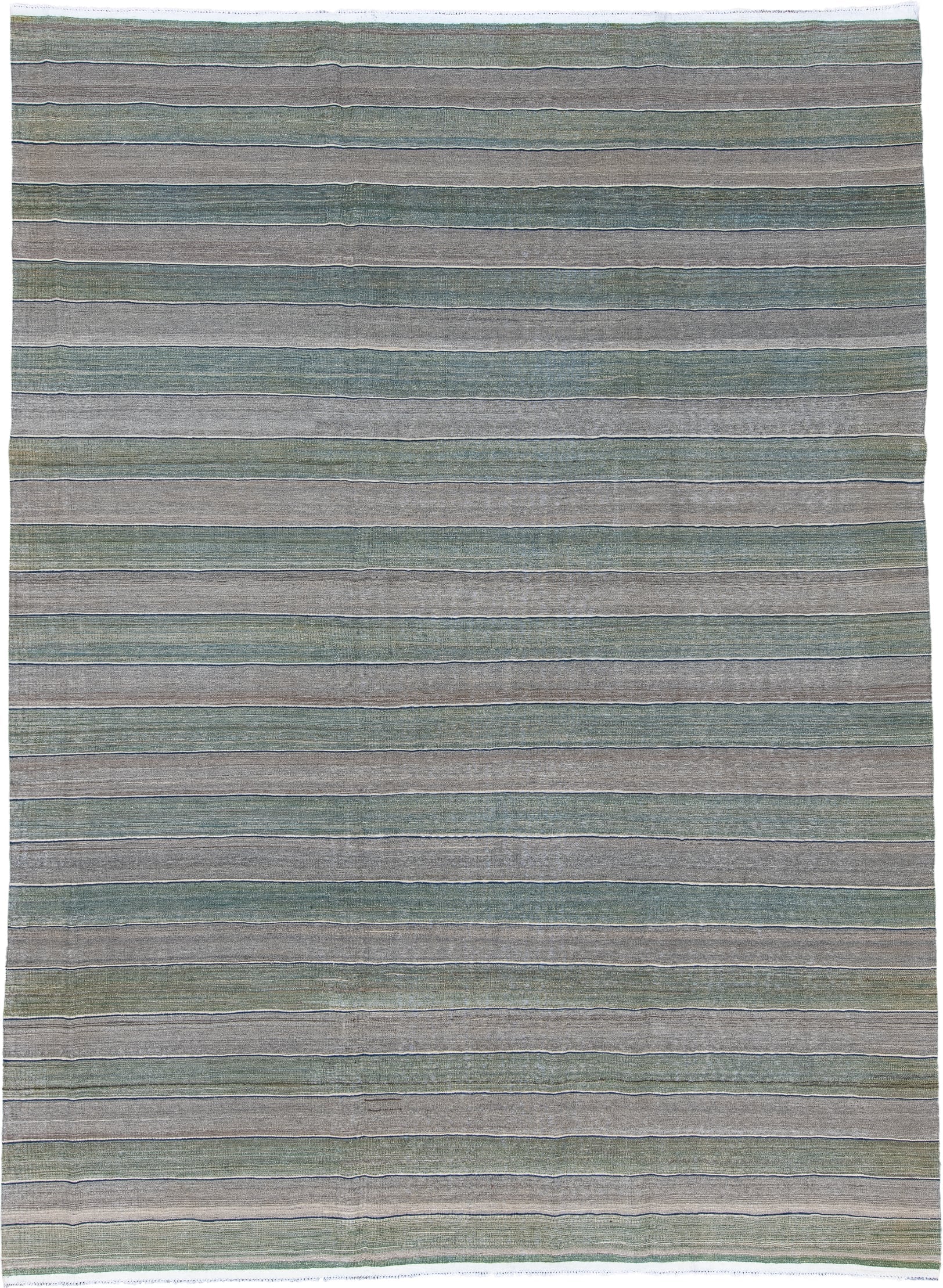 8' x 11' one-of-a-kind handmade vintage Kilim large size rug. Color palette: taupe, sage, slate, ivory, beige, gray, green