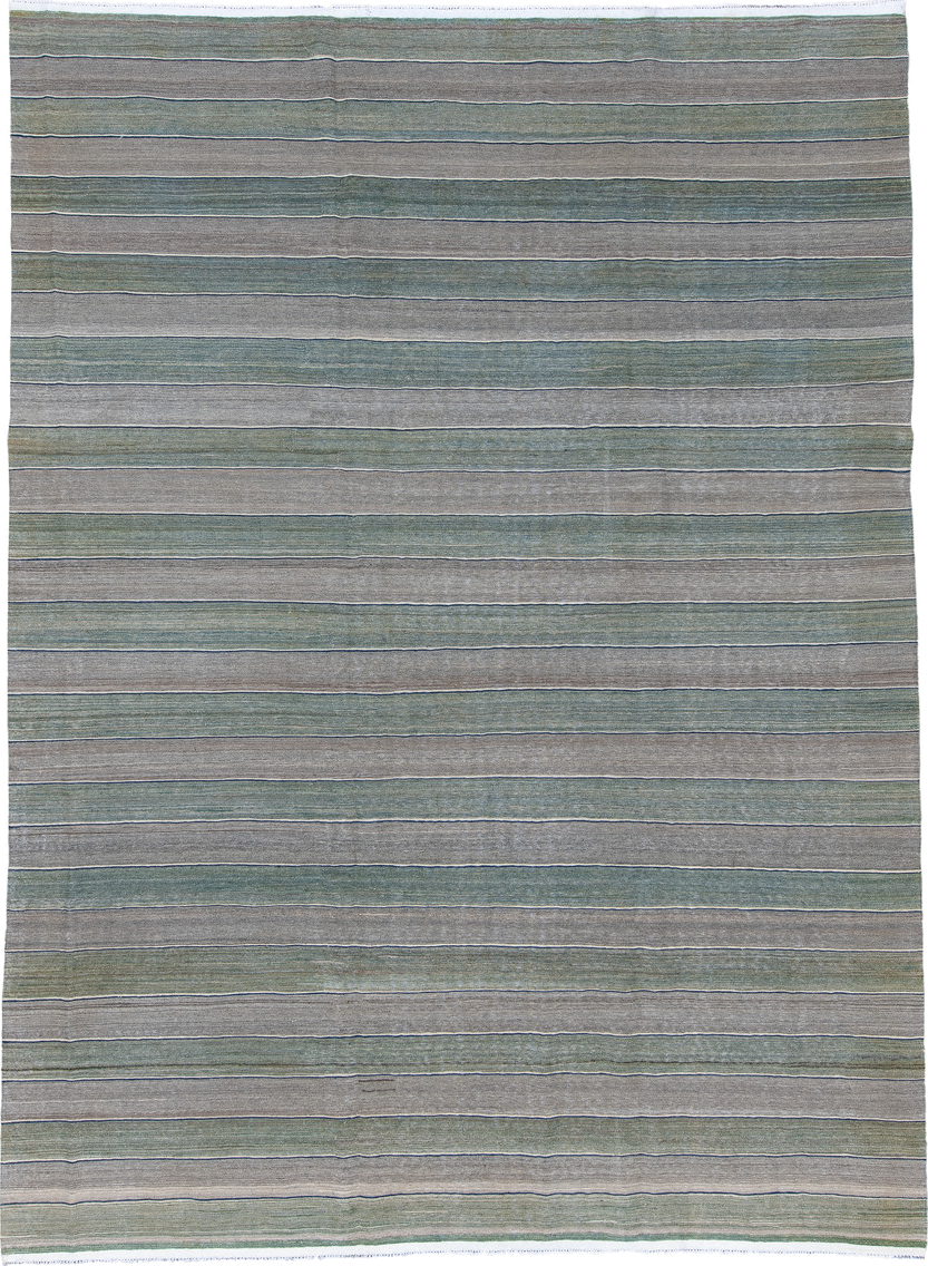 8' x 11' one-of-a-kind handmade vintage Kilim large size rug. Color palette: taupe, sage, slate, ivory, beige, gray, green