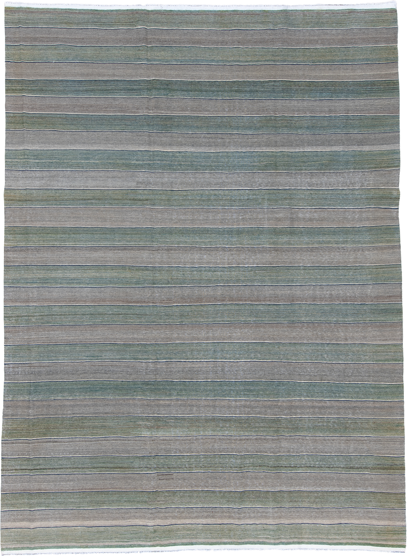 8' x 11' one-of-a-kind handmade vintage Kilim large size rug. Color palette: taupe, sage, slate, ivory, beige, gray, green
