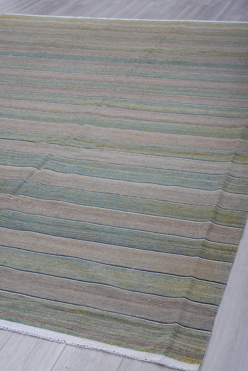 8' x 11' one-of-a-kind handmade vintage Kilim large size rug. Color palette: taupe, sage, slate, ivory, beige, gray, green