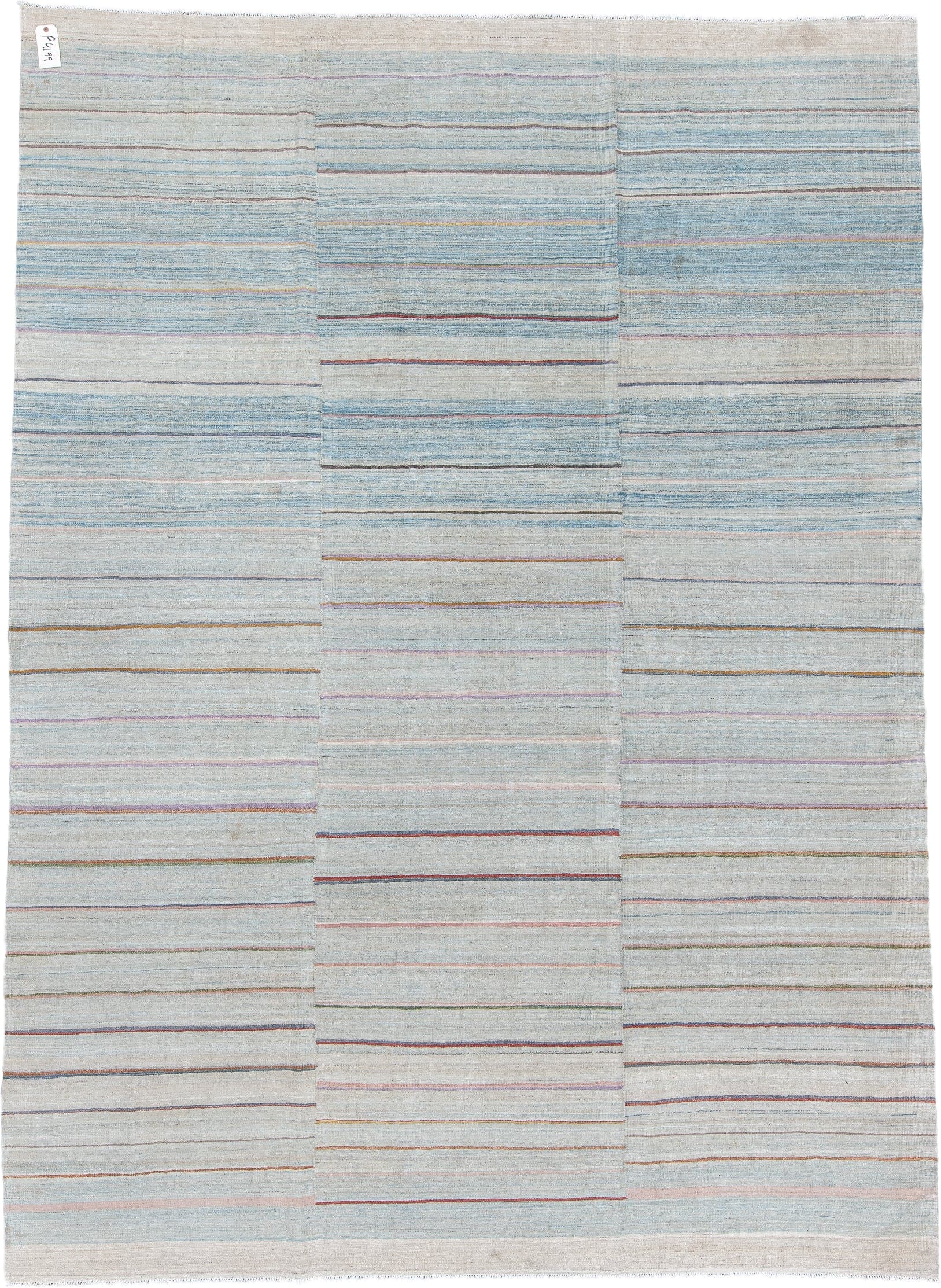 8' x 11' one-of-a-kind handmade vintage Kilim large size rug. Color palette: ivory, pale blue, sky blue, taupe, rust, rose