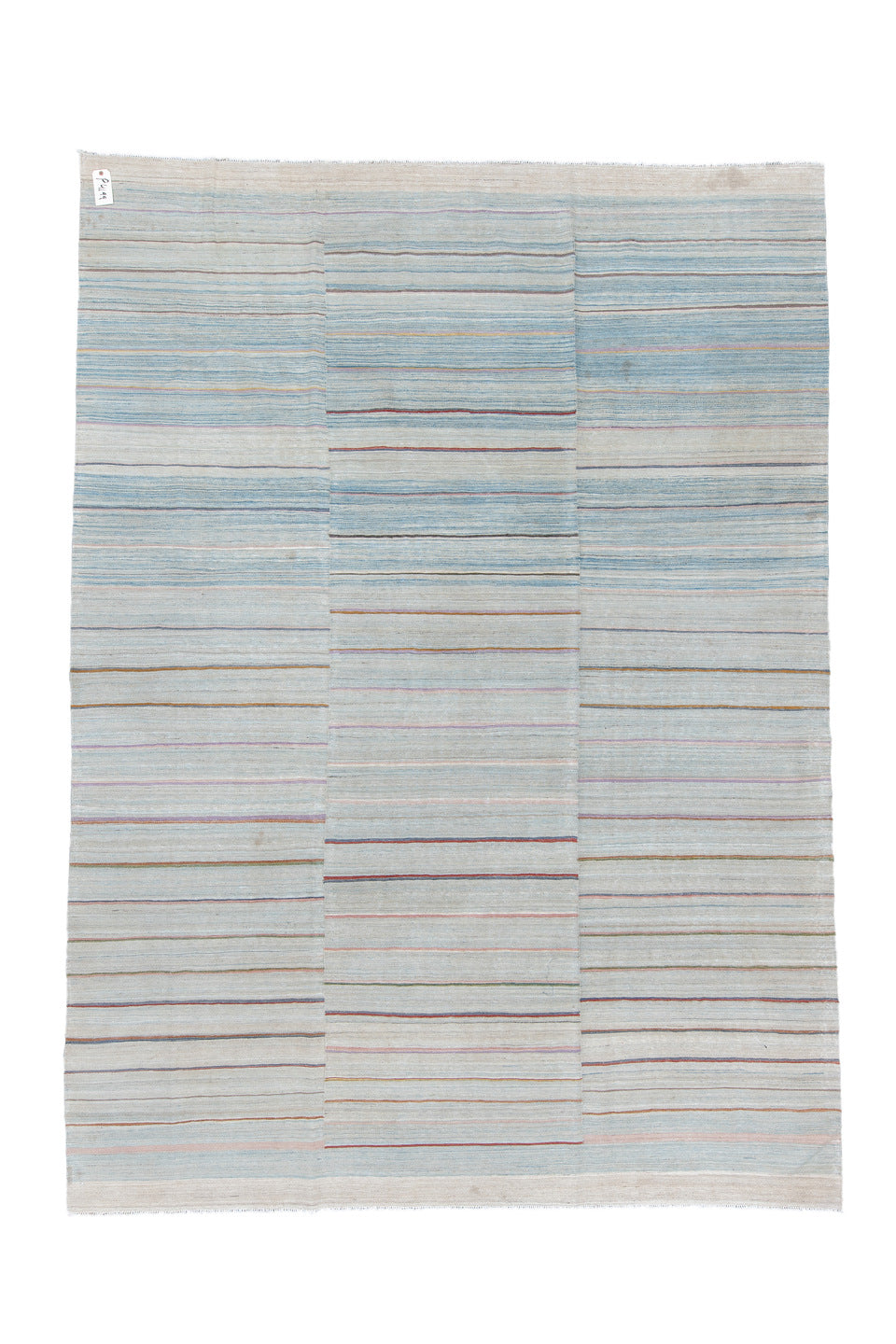 8' x 12' one-of-a-kind handmade vintage Kilim large size rug. Color palette: black, blue, charcoal, dim gray, gray