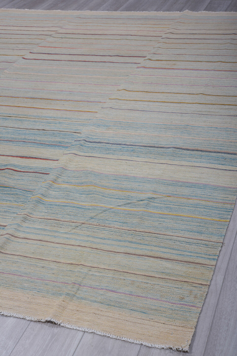 8' x 11' one-of-a-kind handmade vintage Kilim large size rug. Color palette: ivory, pale blue, sky blue, taupe, rust, rose